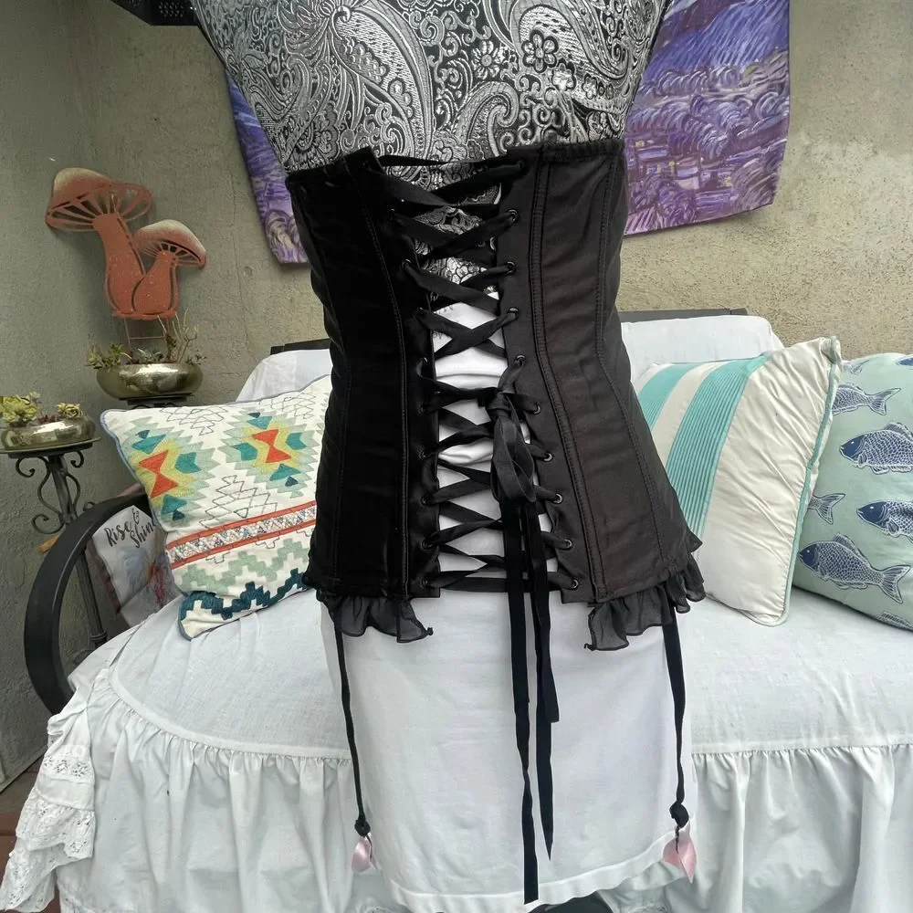 Vintage Y2K Baby Pink Black Lace Lolita Corset MD garter Fredrick's of Hollywood - Picture 5 of 13